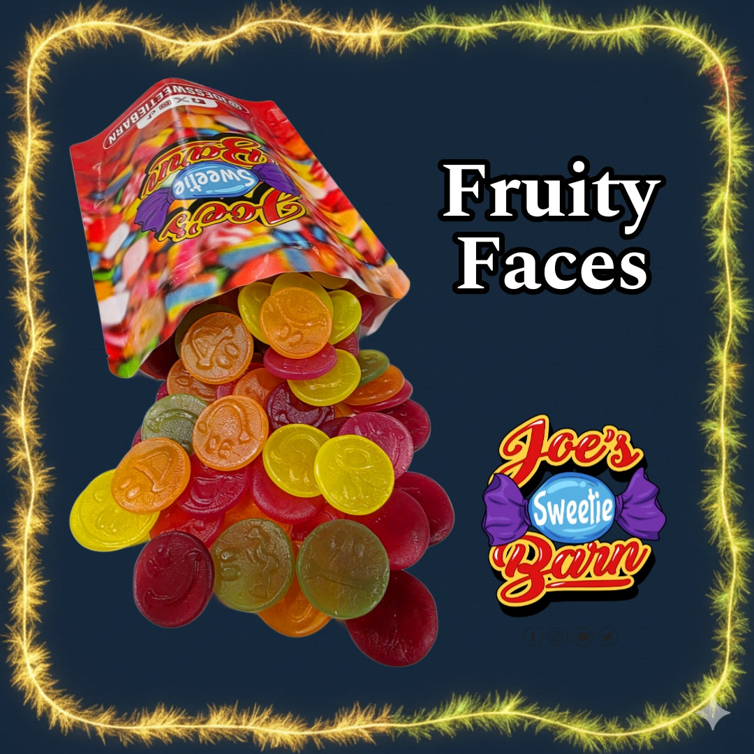 Colorful jelly beans spilling out of a bag with 'Fruity Faces'  at Joe's Sweet Barn 