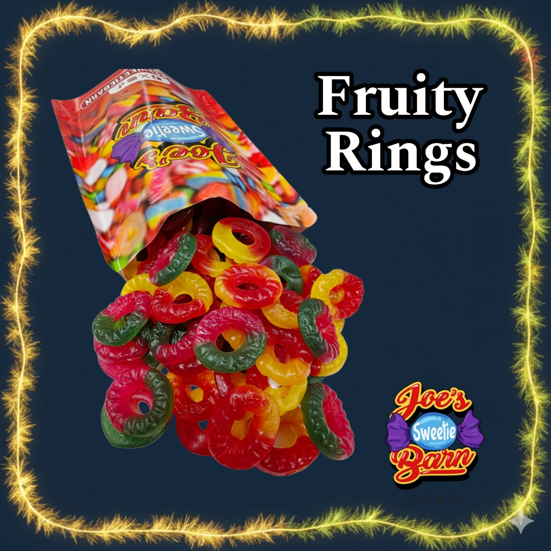 Colorful gummy fruity rings spilling out of a bag with 'Fruity Rings' text at 'Joe's Sweetie Barn' 