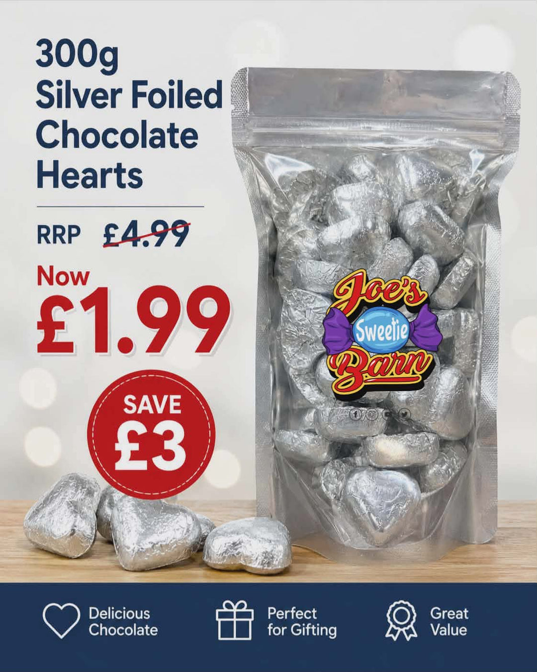 WEEKLY DEAL - 300g Silver Foiled Chocolate Hearts
